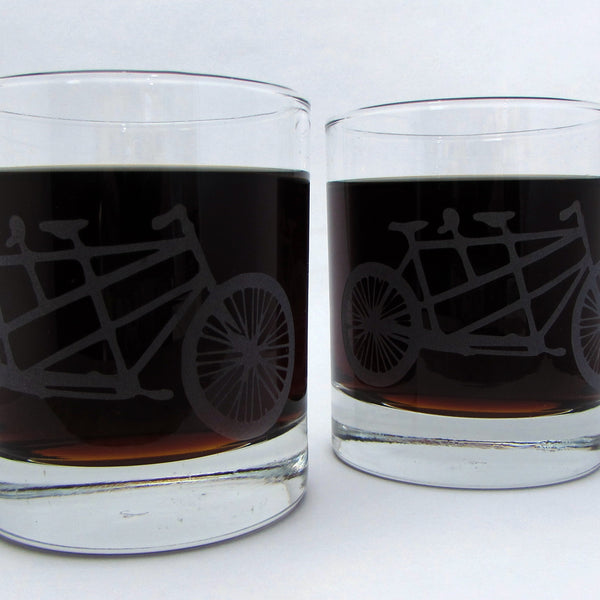 Tandem Bicycle Etched Whiskey Glasses