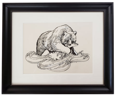 Bear with Fish Mary Beth Percival original: Framed and Matted